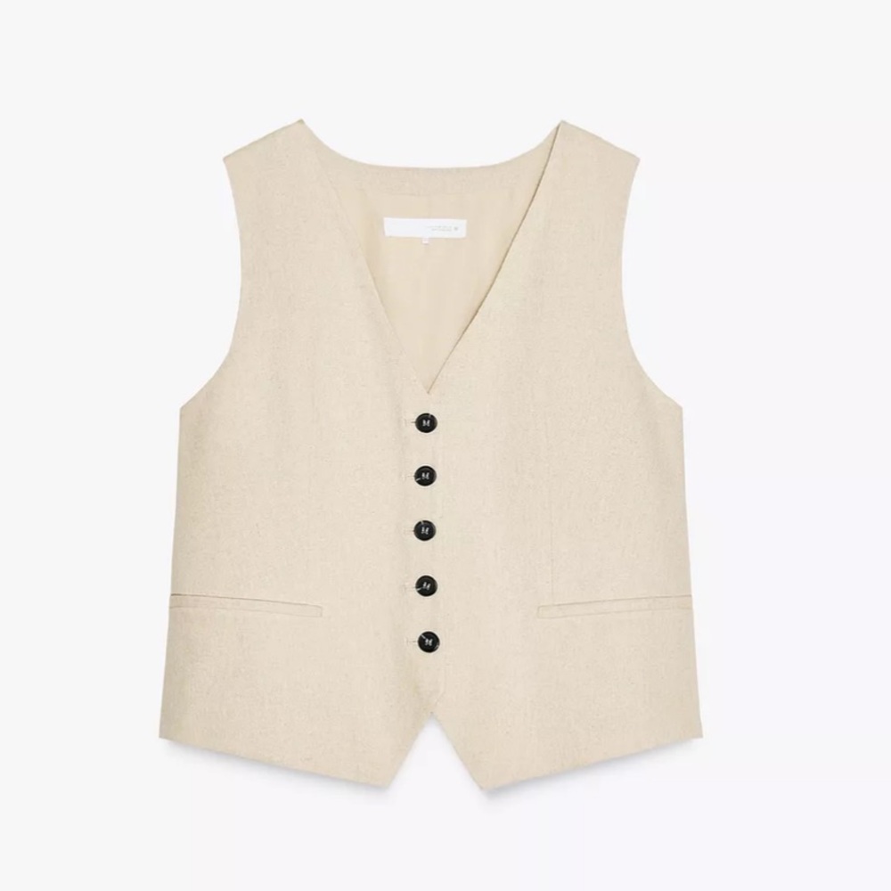 New - Zara Cream Cotton Linen Tailored Vest in XS